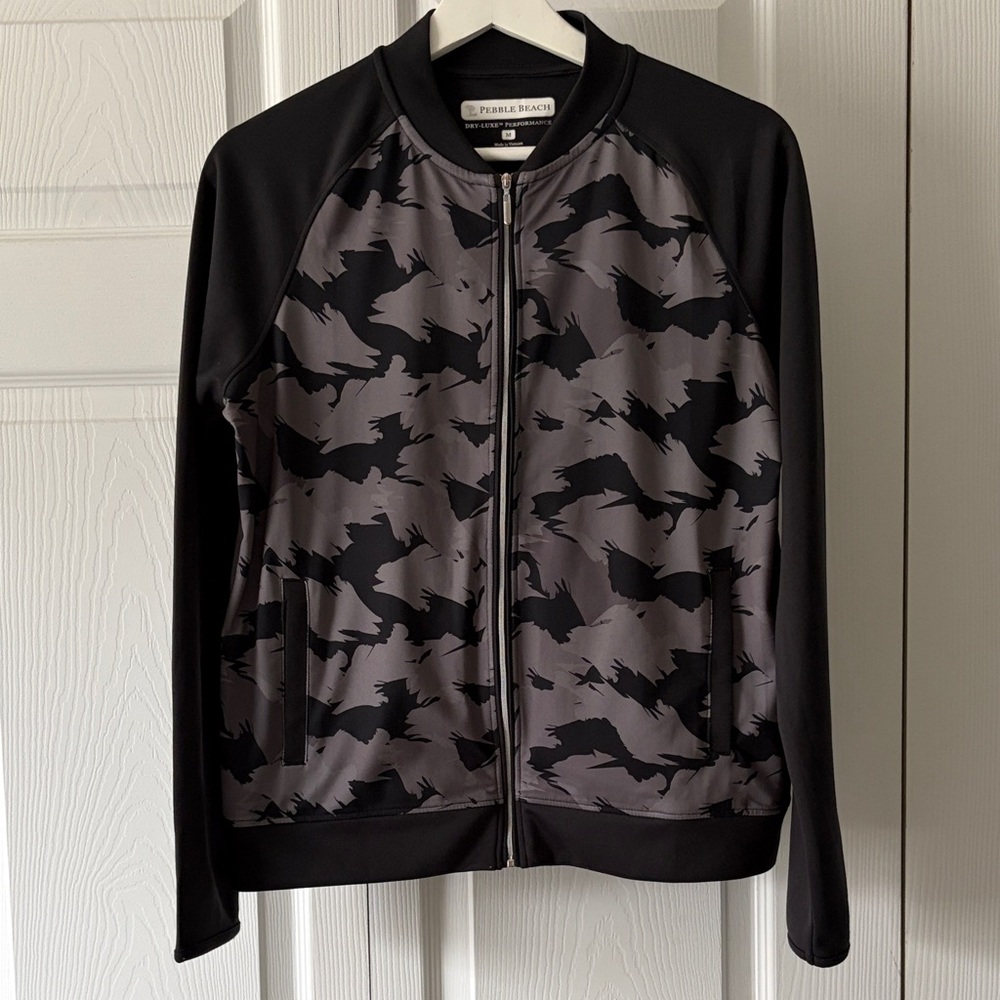 Pebble Beach Performance Black and Gray Patterned Zip Bomber Jacket